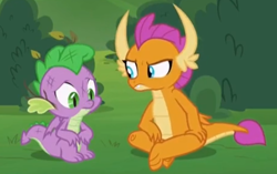 Size: 1030x646 | Tagged: safe, derpibooru import, screencap, smolder, spike, dragon, father knows beast, cropped, crossed legs, dragoness, duo, female, male, sitting, winged spike