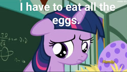 Size: 1280x727 | Tagged: safe, derpibooru import, edit, edited screencap, screencap, twilight sparkle, pony, the cutie mark chronicles, egg, female, filly, filly twilight sparkle, you have to eat all the eggs, younger