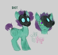 Size: 665x628 | Tagged: safe, artist:yojohcookie, derpibooru import, oc, oc only, pony, undead, unicorn, zombie, zombie pony, character, digital art, gray background, green, green eyes, head, looking at you, male, mask, multiple eyes, original character do not steal, ponified, purple, radioactive, reference sheet, simple background, sketch, solo, tail wrap