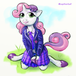 Size: 1000x1000 | Tagged: safe, artist:capt_hairball, derpibooru import, sweetie belle, anthro, unguligrade anthro, clothes, digital art, female, kneeling, looking at you, pleated skirt, school uniform, skirt, solo