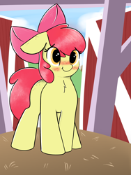 Size: 1958x2608 | Tagged: safe, artist:itsmeelement, derpibooru import, apple bloom, earth pony, pony, adorabloom, blushing, bow, cute, female, filly, hair bow, smiling, solo