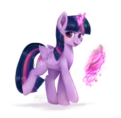 Size: 1464x1423 | Tagged: safe, alternate version, artist:riukime, derpibooru import, twilight sparkle, twilight sparkle (alicorn), alicorn, pony, book, cute, female, glowing horn, looking at you, magic, mare, open mouth, simple background, solo, telekinesis, twiabetes, walking, white background