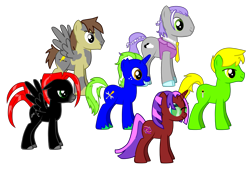 Size: 4581x3177 | Tagged: safe, derpibooru import, editor:jdueler11, oc, oc only, oc:cosmic vibes, oc:dusty canary, oc:nimbus quasar, oc:silver lining, oc:sir sheath, oc:tech savvy, earth pony, pegasus, pony, unicorn, alternate mane six, male, simple background, stallion, transparent background, vector