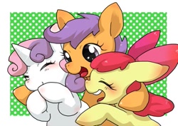 Size: 657x465 | Tagged: safe, artist:sa-eku, derpibooru import, apple bloom, scootaloo, sweetie belle, earth pony, pegasus, pony, unicorn, abstract background, blushing, bow, covering mouth, cute, cutie mark crusaders, eyes closed, female, filly, floppy ears, hair bow, laughing, trio