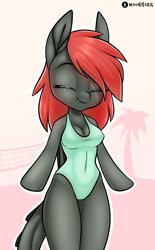 Size: 1800x2900 | Tagged: safe, artist:moonhoek, derpibooru import, oc, oc only, oc:ember scratch, anthro, arm hooves, beach, breasts, cleavage, clothes, digital art, eyes closed, fangs, female, one-piece swimsuit, pony dragon hybrid, rcf community, simple background, smiling, solo, swimsuit