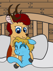 Size: 768x1024 | Tagged: safe, artist:lucid_mane, derpibooru import, oc, oc:stoutbook, oc:tonality, deer, earth pony, original species, antlers, back freckles, bed, bedroom eyes, cloven hooves, couple, deer oc, eyes closed, female, floppy ears, fordeer, freckles, interspecies, male, mare, non-pony oc, oc x oc, pillow, shipping, smiling, snuggling, straight, wooden walls