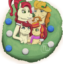 Size: 1923x1968 | Tagged: safe, artist:azurllinate, derpibooru import, buffalo bull (pony), cherry jubilee, oc, oc:cherry top, oc:raspberry tart, earth pony, pony, clothes, cyan eyes, earth pony oc, earth pony only, family, foal, green eyes, group, hat, hearth's warming, ornaments, parent:buffalo bull (pony), parent:cherry jubilee, parents:cherrybull, scarf, shipping, siblings, wreath