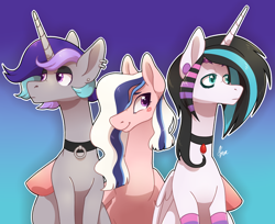 Size: 1908x1560 | Tagged: safe, artist:polymercorgi, derpibooru import, princess flurry heart, oc, oc:heart throb, oc:love language, pegasus, pony, unicorn, alternate hairstyle, choker, offspring, older, parent:princess cadance, parent:shining armor, parents:shiningcadance, siblings