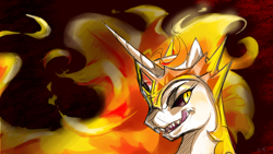 Size: 1920x1080 | Tagged: safe, artist:bluecrow, derpibooru import, daybreaker, pony, bust, female, fire, mane of fire, mare, sharp teeth, solo, teeth, tongue out