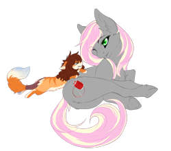 Size: 1200x1054 | Tagged: safe, artist:requiem♥, derpibooru import, oc, oc:kisha, oc:kitalla, cat, pony, brown hair, cheek fluff, commission, duo, duo female, female, green eyes, grey fur, long mane, long tail, male, orange fur, pink mane, simple background, straight, transparent background, yellow mane