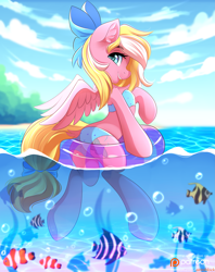 Size: 2665x3369 | Tagged: safe, artist:airiniblock, derpibooru import, oc, oc only, oc:bay breeze, fish, pegasus, pony, bikini, bow, clothes, commission, cute, female, hair bow, looking at you, mare, ocean, rcf community, smiling, solo, swimsuit, tail bow