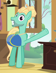 Size: 410x540 | Tagged: safe, derpibooru import, screencap, zephyr breeze, pegasus, pony, flutter brutter, cropped, fluttershy's cottage (interior), hair bun, looking at you, saddle bag, smiling, solo