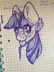 Size: 2448x3264 | Tagged: safe, artist:kadchan, derpibooru import, twilight sparkle, pony, unicorn, bust, cute, doodle, ear fluff, female, graph paper, looking at you, mare, mlem, silly, solo, tongue out, traditional art