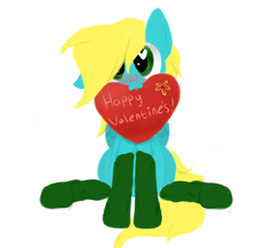 Size: 1870x1700 | Tagged: safe, artist:flaminbunny, derpibooru import, oc, oc only, oc:autumn breeze, pony, blushing, clothes, female, heart eyes, holiday, mare, mouth hold, simple background, sitting, socks, solo, valentine, valentine's day, white background, wingding eyes