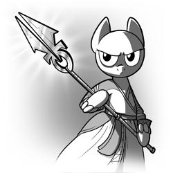 Size: 3000x3000 | Tagged: safe, artist:petirep, derpibooru import, oc, oc only, pony, bald, beads, bipedal, black and white, buck legacy, card art, cleric, clothes, determined, grayscale, male, monk, monochrome, robe, robes, simple background, solo, spear, weapon