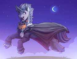 Size: 2113x1632 | Tagged: safe, artist:1an1, derpibooru import, oc, oc only, oc:verlo streams, pony, unicorn, candy, clothes, costume, crescent moon, cute, dracula, fangs, halloween, holiday, male, moon, open mouth, solo, stars, trick or treat