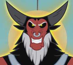 Size: 437x394 | Tagged: safe, derpibooru import, screencap, lord tirek, centaur, twilight's kingdom, aura, bust, close-up, cropped, evil grin, grin, magic, magic aura, male, nose piercing, nose ring, piercing, smiling, solo