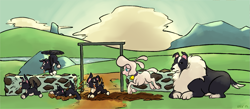 Size: 1677x729 | Tagged: safe, artist:invertigo, derpibooru import, pom lamb, dog, them's fightin' herds, big mama, community related, puppy