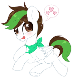 Size: 1024x1093 | Tagged: safe, artist:hawthornss, derpibooru import, oc, oc only, oc:kibbie, pegasus, pony, blushing, cute, frog (hoof), heart, looking at you, male, neckerchief, prone, simple background, smiling, solo, tongue out, transparent background, underhoof