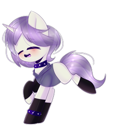 Size: 3589x4000 | Tagged: safe, artist:twily-star, derpibooru import, oc, oc only, oc:aesthetic adore, pony, unicorn, black socks, blushing, chibi, choker, clothes, commission, cute, eyes closed, female, hoodie, icey-verse, magical lesbian spawn, mare, next generation, offspring, open mouth, parent:inky rose, parent:lily lace, parents:inky lace, raised hoof, running, socks, solo, spiked choker, spiked wristband, wristband