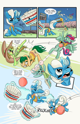 Size: 6600x10200 | Tagged: safe, artist:lytlethelemur, derpibooru import, oc, oc:champion, oc:gimbal lock, oc:nutmeg, earth pony, pegasus, pony, unicorn, comic:ponies in the outfield, absurd resolution, belly, buckball, bucket, clothes, comic, female, mare, pudgy, tanktop