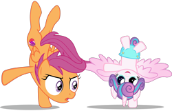 Size: 3082x1984 | Tagged: safe, artist:justablankflank, artist:red4567, derpibooru import, edit, editor:slayerbvc, princess flurry heart, scootaloo, alicorn, pegasus, pony, baby, baby pony, cutie mark, diaper, female, filly, handstand, spread wings, the cmc's cutie marks, upside down, vector, vector edit, wings