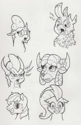 Size: 715x1104 | Tagged: safe, artist:kuroneko, derpibooru exclusive, derpibooru import, gallus, ocellus, sandbar, silverstream, smolder, yona, changedling, changeling, classical hippogriff, dragon, griffon, hippogriff, pony, yak, angry, bust, disgusted, dragoness, female, male, monochrome, portrait, scared, simple background, student six, teenager, traditional art, white background, worried