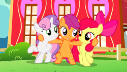 Size: 1920x1080 | Tagged: safe, derpibooru import, screencap, apple bloom, scootaloo, sweetie belle, crusaders of the lost mark, bipedal, color correction, cutie mark crusaders
