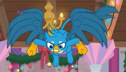 Size: 729x421 | Tagged: safe, derpibooru import, screencap, gallus, griffon, the hearth's warming club, angry, cropped, flying, gritted teeth, male, paws, wings