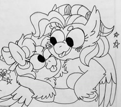 Size: 1024x903 | Tagged: safe, artist:sandwichbuns, derpibooru import, oc, oc:ladybird, oc:spongecake, classical hippogriff, hippogriff, pegasus, pony, bow, female, hair bow, hug, lineart, magical lesbian spawn, mare, monochrome, offspring, parent:fluttershy, parent:pinkie pie, parent:princess skystar, parent:rainbow dash, parents:flutterdash, parents:skypie, side hug, tongue out, traditional art