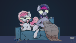 Size: 3840x2160 | Tagged: safe, artist:difis, derpibooru import, oc, oc only, oc:candy quartz, oc:retro wave, bat pony, pony, :p, bat pony oc, blanket, candywave, chest fluff, collar, controller, cute, ear fluff, fangs, female, floppy ears, fluffy, gaming, male, mare, piercing, siblings, silly, simple background, soda can, sofa, stallion, tongue out, video game, wing piercing, wings, ych result