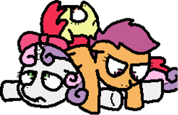 Size: 493x319 | Tagged: safe, artist:pokehidden, derpibooru import, apple bloom, scootaloo, sweetie belle, pony, spoiler:banned from equestria daily 1.5, banned from equestria daily, cutie mark crusaders, female, pixel art, sad, simple background, transparent background, trio