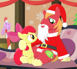 Size: 948x843 | Tagged: safe, artist:porygon2z, derpibooru import, apple bloom, big macintosh, pony, brother and sister, clothes, costume, fake beard, female, male, santa claus, siblings