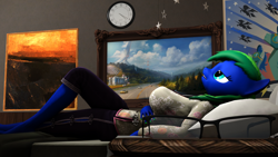 Size: 3840x2160 | Tagged: safe, artist:caveboy2000, derpibooru import, oc, oc:thundy, anthro, 3d, barefoot, feet, female, glasses, glasses off, lying down, lying on bed, poster, solo, source filmmaker