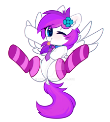 Size: 900x1006 | Tagged: safe, artist:mirtash, derpibooru import, oc, oc only, oc:lavanda, pegasus, pony, clothes, cute, deviantart watermark, female, flower, flower in hair, looking at you, mare, obtrusive watermark, one eye closed, rcf community, simple background, socks, solo, spread legs, spreading, striped socks, tongue out, watermark, white background, wink