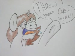 Size: 1004x753 | Tagged: safe, artist:paper view of butts, derpibooru import, oc, oc:paper butt, pony, unicorn, colored, comic, comic strip, dialogue, glasses, horn, male, stallion, traditional art