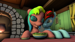 Size: 3840x2160 | Tagged: safe, artist:angelbirb, derpibooru import, oc, oc only, oc:fiopon, oc:piquant, pony, 3d, fangs, forked tongue, nuzzling, salad bowl, source filmmaker