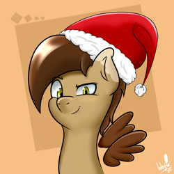 Size: 2500x2500 | Tagged: safe, artist:tonystorm12, derpibooru import, oc, oc only, oc:canekblackwood, pegasus, pony, bust, christmas, floating wings, hat, holiday, looking at you, male, portrait, serious, serious face, solo, stallion