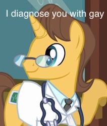 Size: 262x309 | Tagged: safe, derpibooru import, edit, edited screencap, screencap, doctor horse, doctor stable, pony, unicorn, caption, door, gay, glasses, hoof hold, image macro, looking back, male, meme, necktie, shitposting, smiling, solo, stallion, stethoscope, text