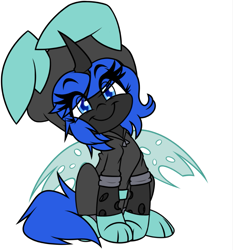 Size: 861x923 | Tagged: safe, artist:nekro-led, derpibooru import, oc, oc only, oc:blue visions, changeling, blue changeling, bunny ears, changeling oc, clothes, costume, cute, dangerous mission outfit, female, hoodie, simple background, solo