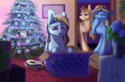 Size: 1995x1305 | Tagged: safe, artist:klarapl, derpibooru import, oc, oc only, pegasus, pony, unicorn, box, chest fluff, christmas, christmas tree, empty, eyes closed, female, filly, floppy ears, freckles, giggling, hiding, holiday, male, mare, open mouth, sad, sitting, stallion, tree