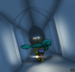 Size: 2104x2018 | Tagged: safe, artist:the-furry-railfan, derpibooru import, oc, oc only, oc:crash dive, oc:depth charge, merpony, pegasus, pony, diving suit, exploring, hallway, hose, indoors, lantern, library, ruins, story included, underwater