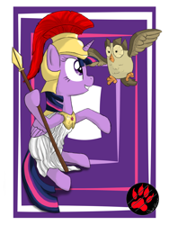 Size: 1500x2000 | Tagged: safe, artist:darkprinceismyname, derpibooru import, owlowiscious, twilight sparkle, twilight sparkle (alicorn), alicorn, pony, arm hooves, armor, athena, athena sparkle, costume, greek mythology, lance, weapon