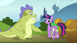 Size: 1280x720 | Tagged: safe, derpibooru import, screencap, sludge (g4), spike, twilight sparkle, twilight sparkle (alicorn), alicorn, dragon, pony, father knows beast, female, grass, male, mare, pillar, tree, trio, winged spike