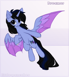 Size: 1008x1120 | Tagged: safe, artist:little-sketches, derpibooru import, oc, oc only, oc:dreamer, alicorn, bat pony, bat pony alicorn, pony, alicorn oc, bat pony oc, chibi, female, flying, mare, solo