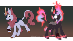 Size: 1227x700 | Tagged: safe, artist:sburbox, derpibooru import, demon, kirin, nirik, pony, cloven hooves, crossover, ear piercing, earring, fire, fire magic, glowing eyes, jewelry, mane of fire, piercing, ponified, solo, star vs the forces of evil, tom lucitor