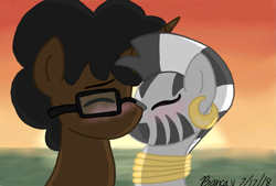 Size: 1185x800 | Tagged: safe, artist:mlparistisccsketch, derpibooru import, zecora, oc, oc:cinnamon sun, blushing, canon x oc, female, kissing, male, shipping, straight