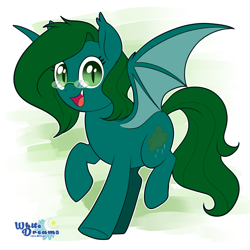 Size: 2224x2227 | Tagged: safe, artist:xwhitedreamsx, derpibooru import, oc, oc only, oc:evergreen skies, bat pony, pony, bat pony oc, commission, cute, cute little fangs, fangs, female, glasses, looking at you, mare, open mouth, smiling, solo