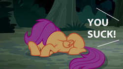 Size: 1280x720 | Tagged: safe, derpibooru import, edit, edited screencap, screencap, scootaloo, sleepless in ponyville, abuse, background pony strikes again, downvote bait, op is a cuck, op is trying to start shit, sad, scootabuse