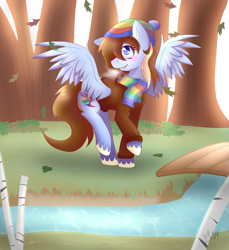 Size: 3507x3834 | Tagged: safe, artist:bam-bean-itzevil, derpibooru import, oc, oc only, oc:art wing, pony, autumn, autumn leaves, breath, old art, river, solo, tree